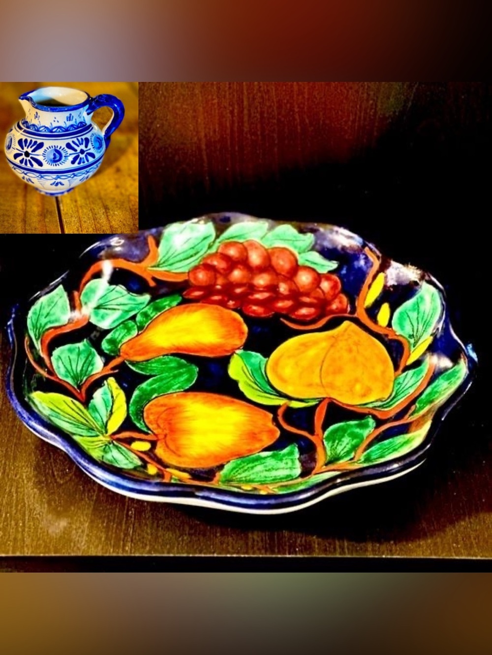 Vintage Talavera Mexico 12.5" Fruit Plate Scalloped Wall Decor + Bonus Pitcher